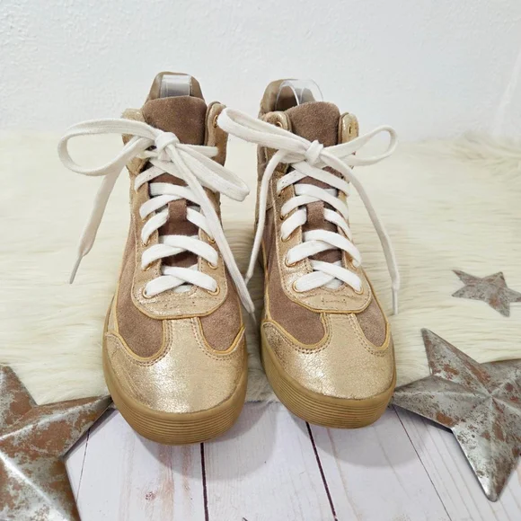 Tory Burch Evelin high top sneakers Sahara Gold metallic leather women's size 7 - Picture 2 of 9